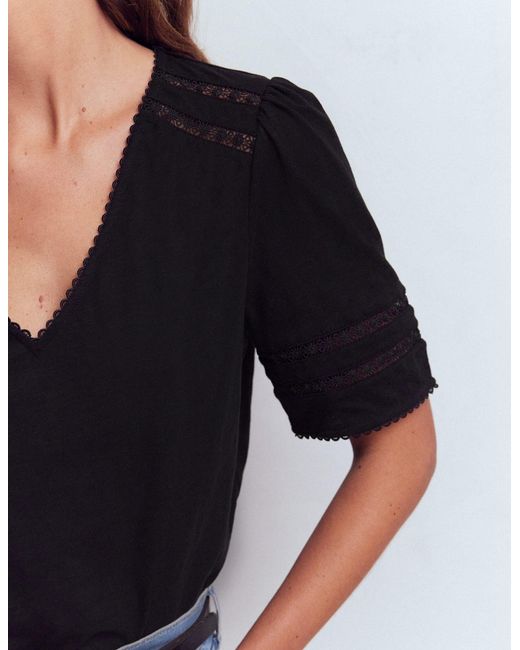 Boden Black Poppy Trim V Neck T-Shirt