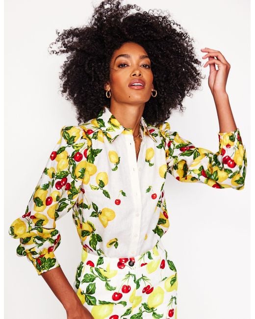 Boden Multicolor Placement Print Linen Shirt-Ivory, Cherries And Lemons