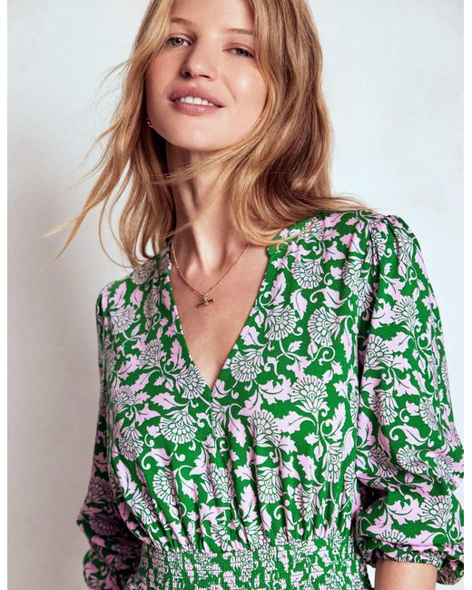 Boden Green Sarah Short Jersey Dress Emerald Night, Garden Blossom