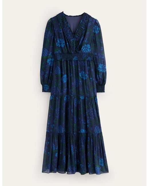 Boden Blue Floral Ruffle-neck Maxi Dress