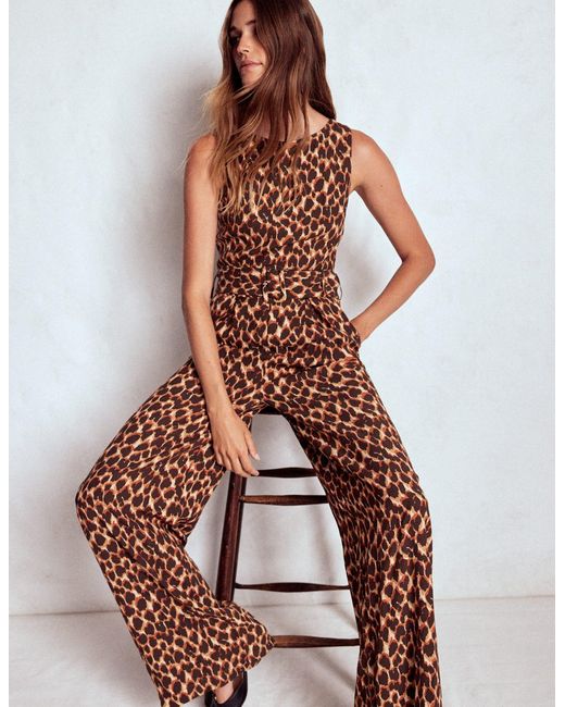 Boden Blue Gwen Slash Neck Jumpsuit-Sand, Abstract Leopard Spot