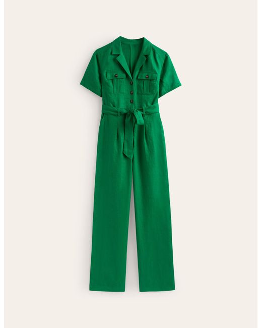 Boden Green Belted Linen Jumpsuit
