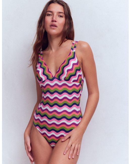 Boden Red Arles Swimsuit-Multi, Wavy Stripe