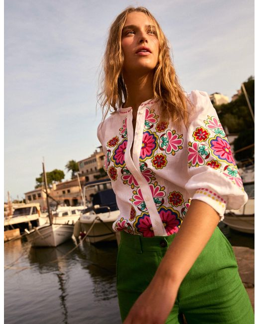 Boden White Alicia Linen Top- Floral Embroidery
