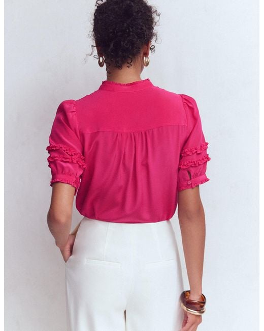 Boden Red Short Sleeve Silk Ruffle Top