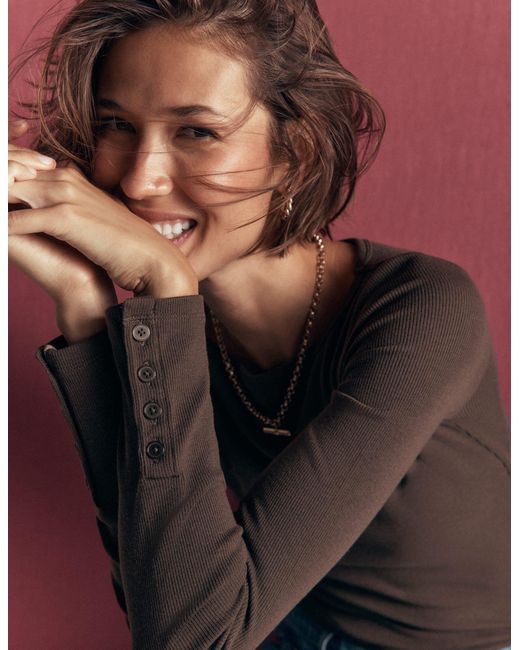 Boden Brown Button Cuff Ribbed Boatneck