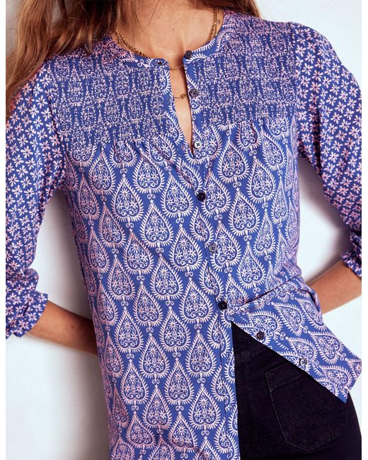 Boden Purple Elsa Jerseyhemd Mit Gesmokter Passe-Leuchtendes Blau, Geometrische Ornamente