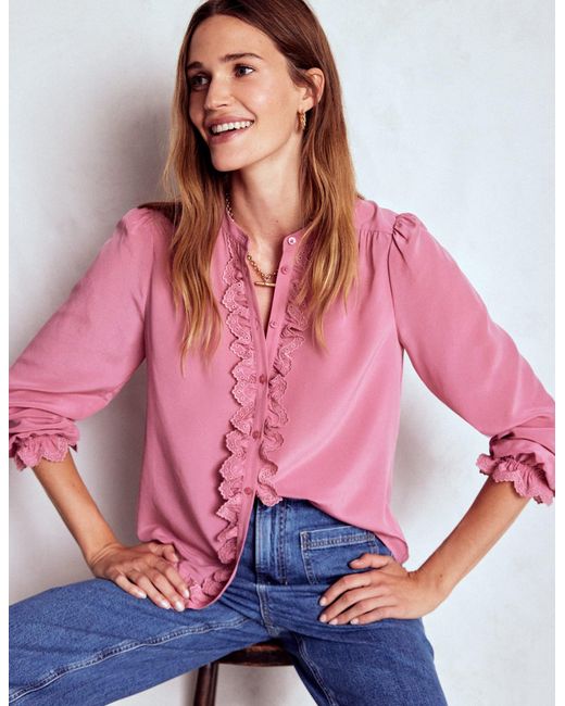 Boden Red Alice Frill Front Silk Top