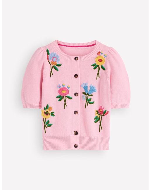 Boden Pink Puff Sleeve Cotton Cardigan