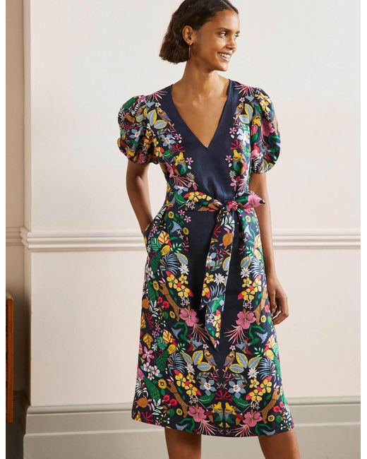Boden Puff Sleeve Linen Midi Dress , Exotic Paradise in Blue | Lyst UK