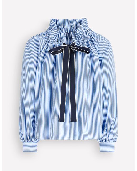 Boden Blue Bow Neck Ruffled Top