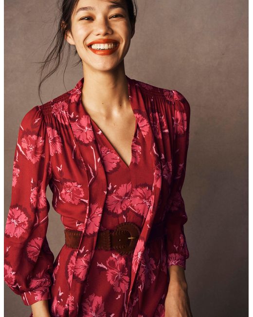 Boden Red Brooke Tie Neck Tea Dress Cranberry, Delicate Vine