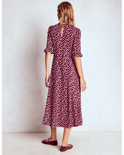 Boden Red Ruffle Seamed Midi Dress-Poppy, Dainty Sprigs