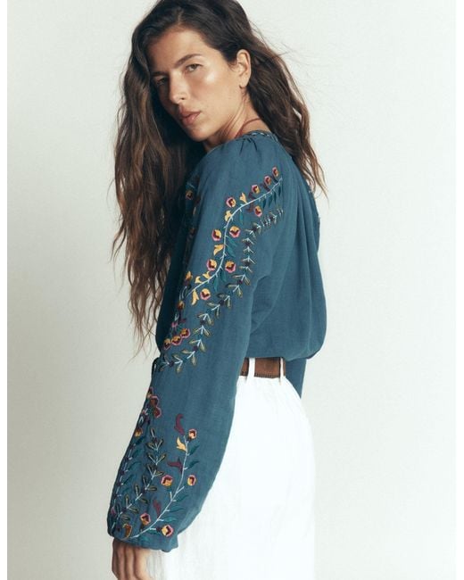 Boden Blue Raglan Embroidered Top