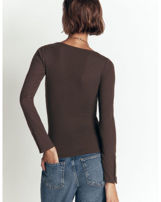 Boden Brown Button Cuff Ribbed Boatneck