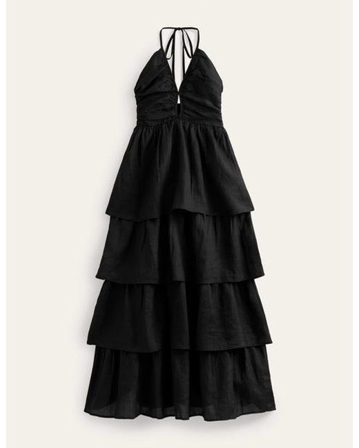 Boden Black Ruched Tiered Maxi Dress