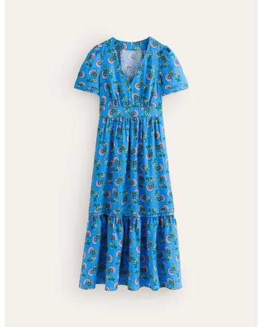 Boden Eve Linen Midi Dress Blue, Botanical Bunch