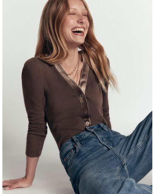 Boden Blue Velvet Trimmed V-Neck Top