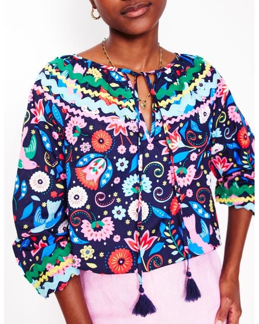 Boden Blue Smocked Cotton Blouse-French, Decorative Garden