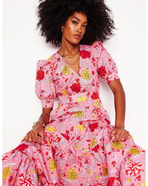 Boden Red Bella Puff Sleeve Maxi Dress Ivory, Trailing Yarrow