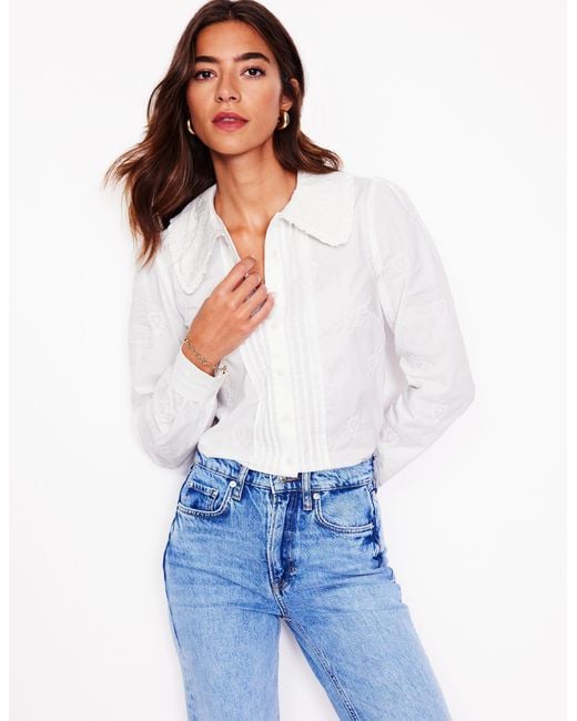 Boden White Embroidered Collar Blouse