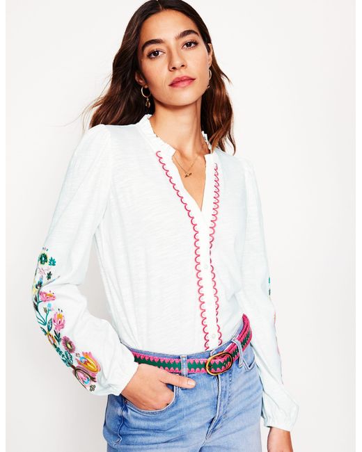 Boden White Embroidered Frill Neck Blouse- Multi Floral Embroidery