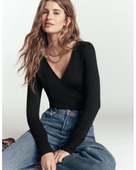 Boden Black Ruched Long Sleeve Wrap Top