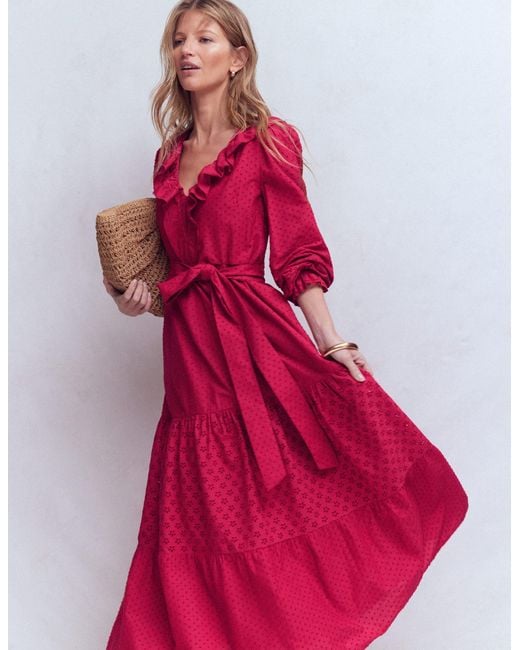 Boden Red Ruffle Front Cotton Dress