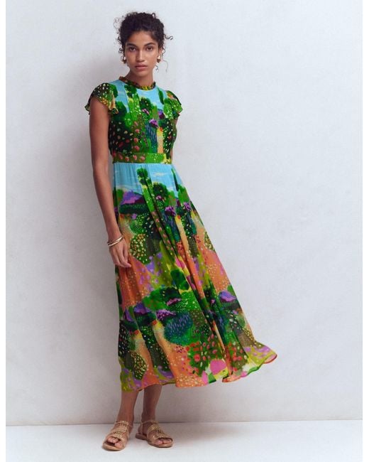 Boden Green Pleat Ruffle Maxi Dress