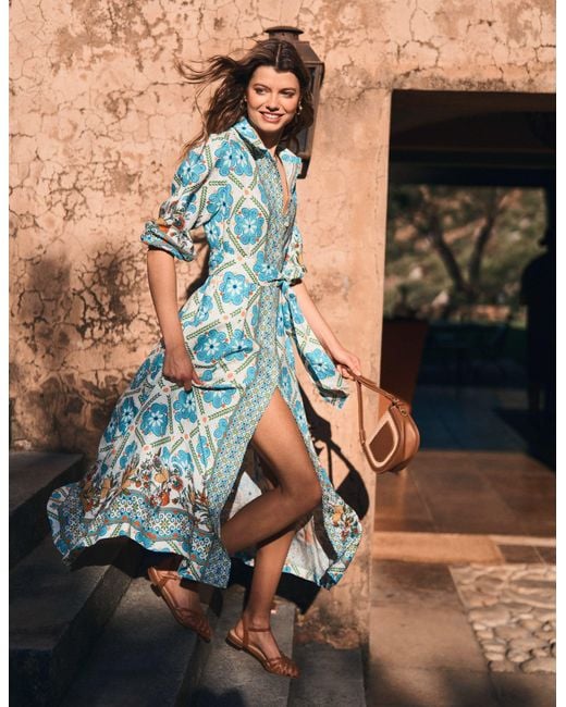 Boden Blue Clara Hemdblusenkleid Aus Leinenmischgewebe-Bunt, Zitrusrebe Kacheln