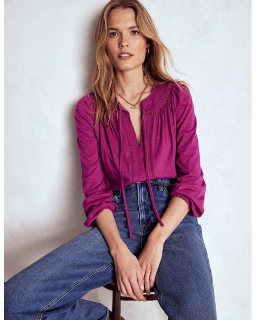Boden Purple Georgia Smocked Jersey Top