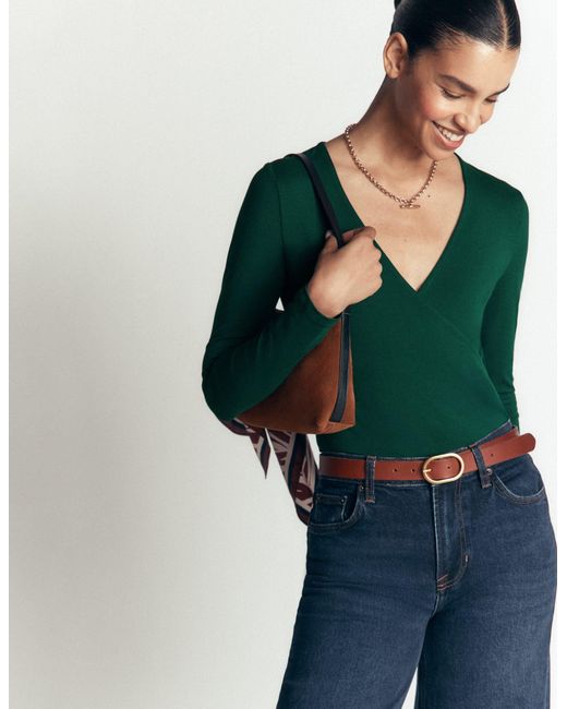 Boden Green Ruched Long Sleeve Wrap Top