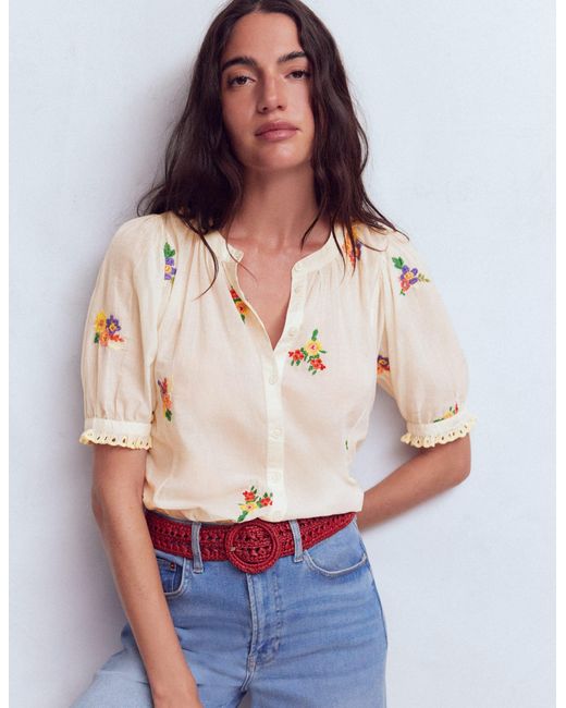 Boden Natural Camille Embroidered Cotton Top