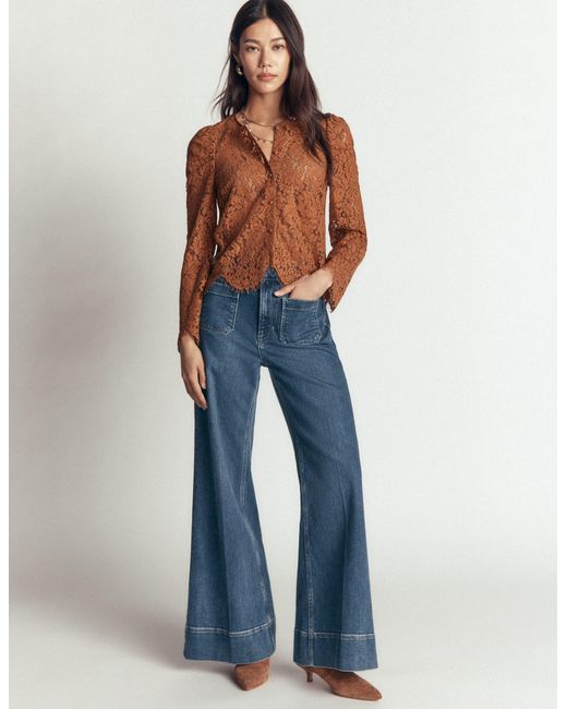 Boden Brown Lace Puff Sleeve Top