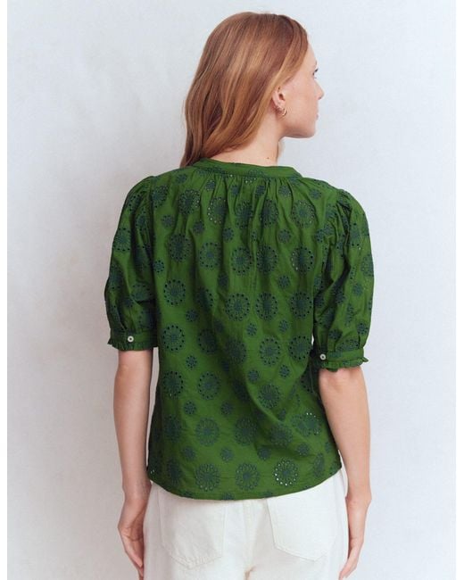 Boden Green Camille Embroidered Cotton Top