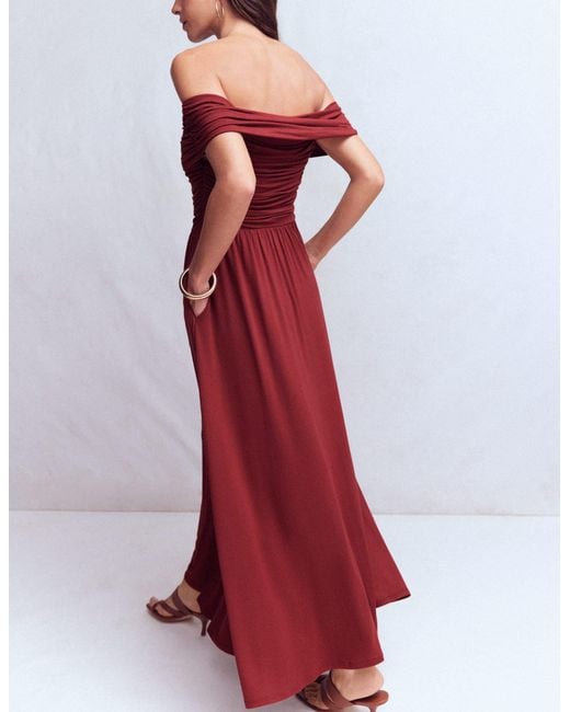 Boden Brown Ruched Bardot Maxi Dress
