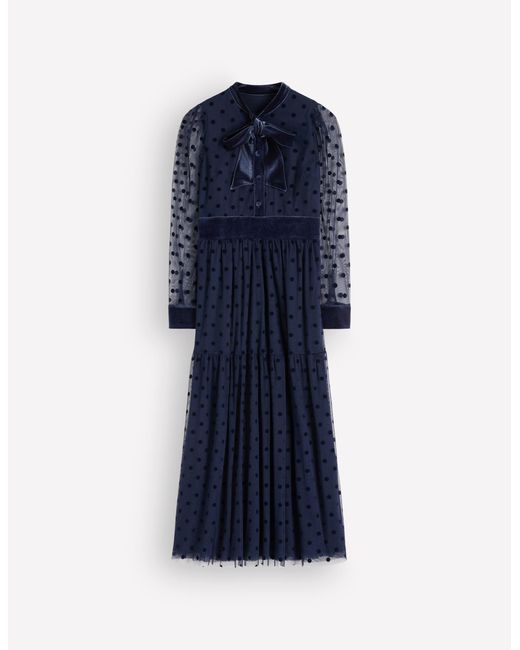 Boden Blue Tie Neck Tiered Tulle Dress