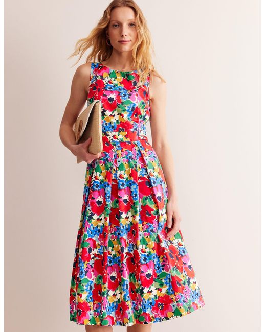Boden White Sleeveless Pleat Midi Dress Green Tambourine, Pineapple