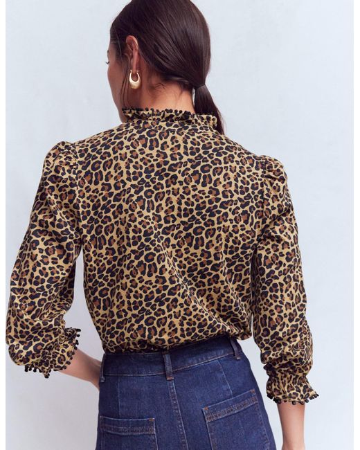 Boden Brown Emily Pom Detail Ruffle Shirt-Camel, Cheetah Pop