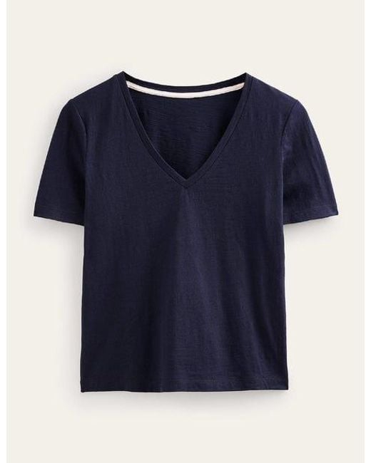 Boden Blue Flammgarn-T-Shirt Mit V-Ausschnitt Und Normaler Passform Damen