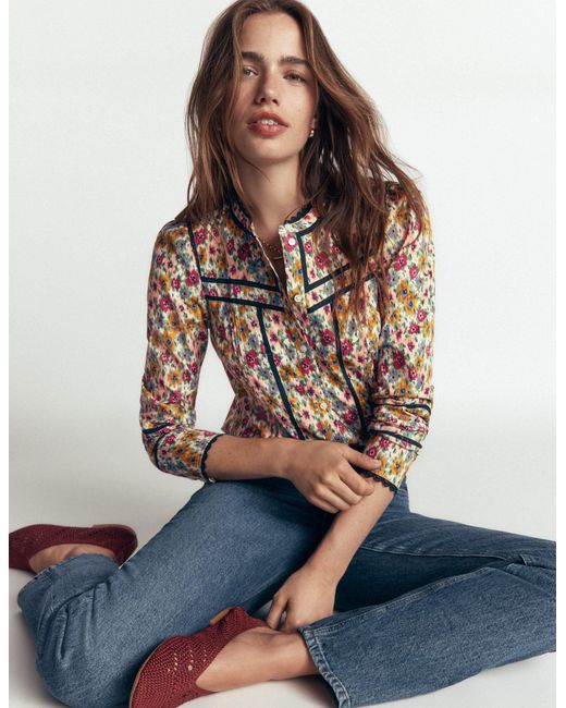 Boden Blue Carmen Lace Trim Cotton Top