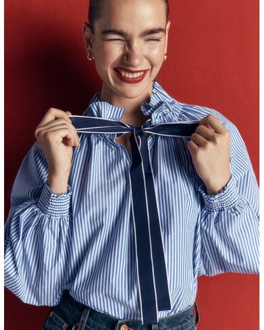 Boden Blue Bow Neck Ruffled Top