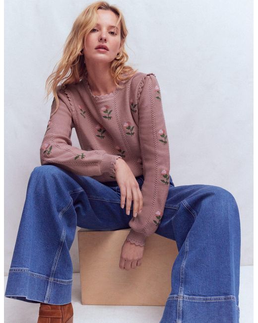 Boden Blue Valeria Crochet Trim Jumper-Rose, Embroidery