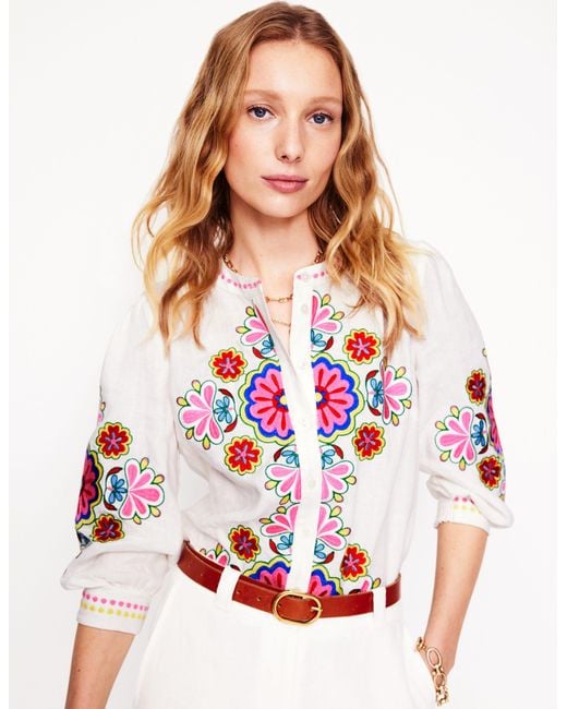 Boden White Alicia Linen Top- Floral Embroidery