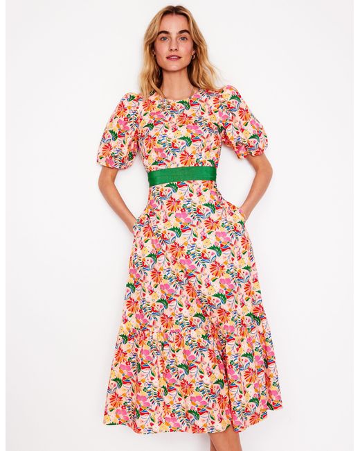 Boden Red Grosgrain Waist Dress-Multi, Wildflower Trail