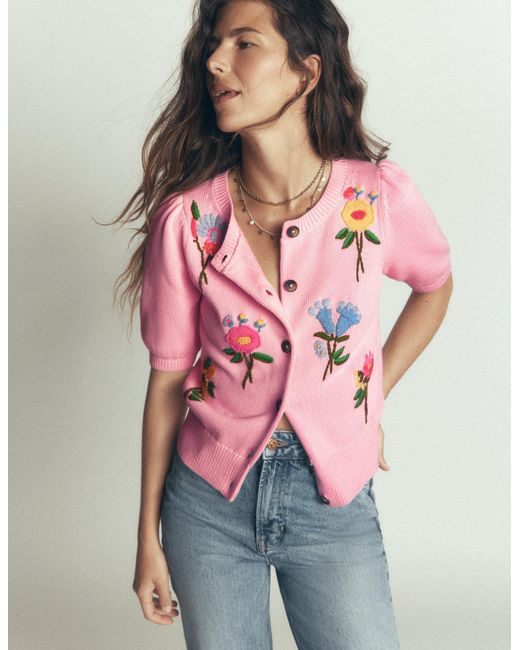 Boden Pink Puff Sleeve Cotton Cardigan