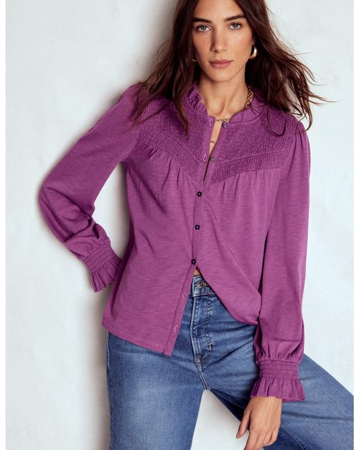 Boden Purple Smocked Yoke Jersey Shirt