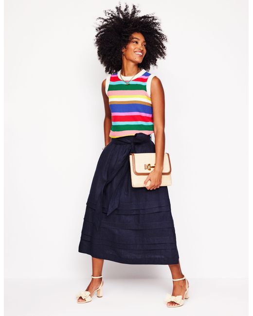 Boden Blue Pintuck Linen Midi Skirt