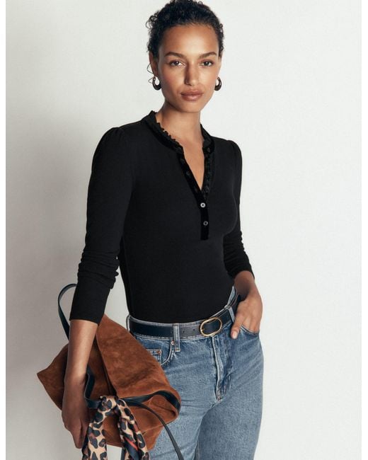 Boden Black Velvet Ruffle Trim Henley Top