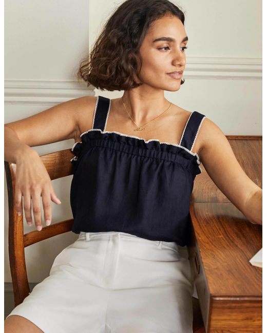 Boden Ruffle Detail Linen Top in Navy 